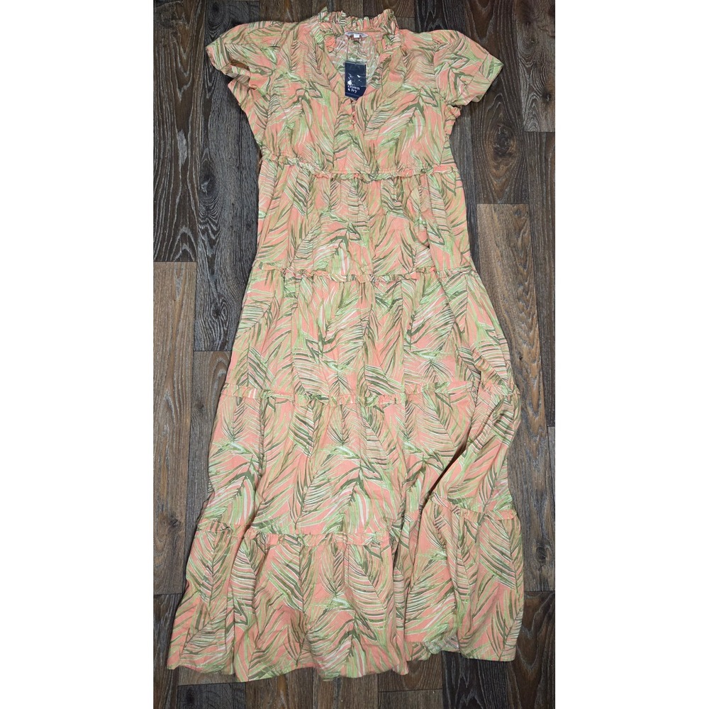 Crown & Ivy Womens XL Coral Palm Tiered Maxi Dress Ruffle Neck Short Sleeve NWT - Picture 3 of 6